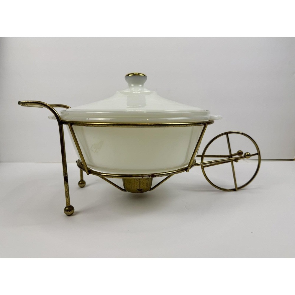 Vintage Anchor Hocking Fire King  407 Casserole Dish With Wheelbarrow Warmer